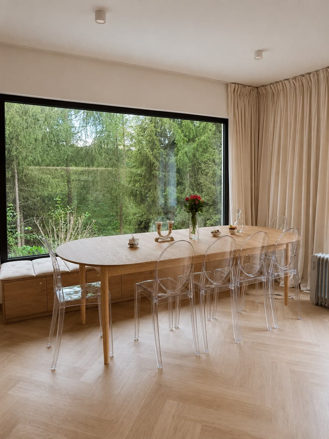 Jadalnia z długim drewnianym stołem